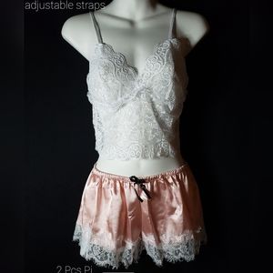 Pink and white Lace silk 2pcs pj
